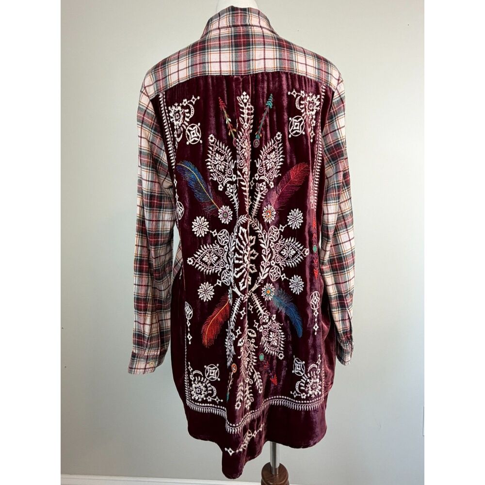 Johnny Was 3J Workshop Plaid Velvet Back Embroidered Southwest Feather Tunic M